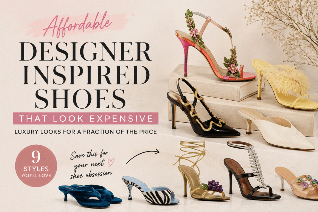 Affordable designer inspired shoes featuring luxury-style heels, mules and sandals