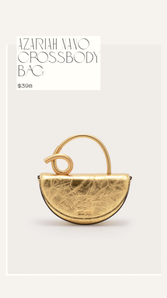 Semi-circle crossbody bag with sculptural gold handle inspired by Cult Gaia's Azariah design