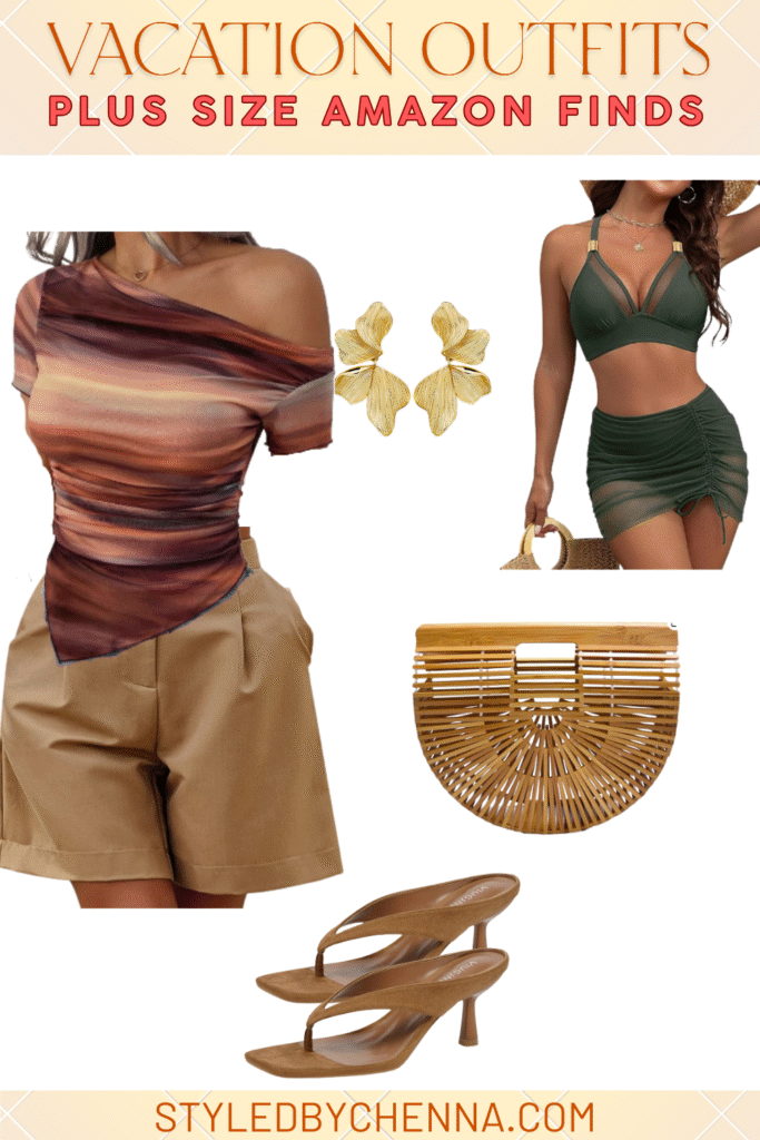 Plus size vacation outfit with ombre top, khaki shorts, and green beach set