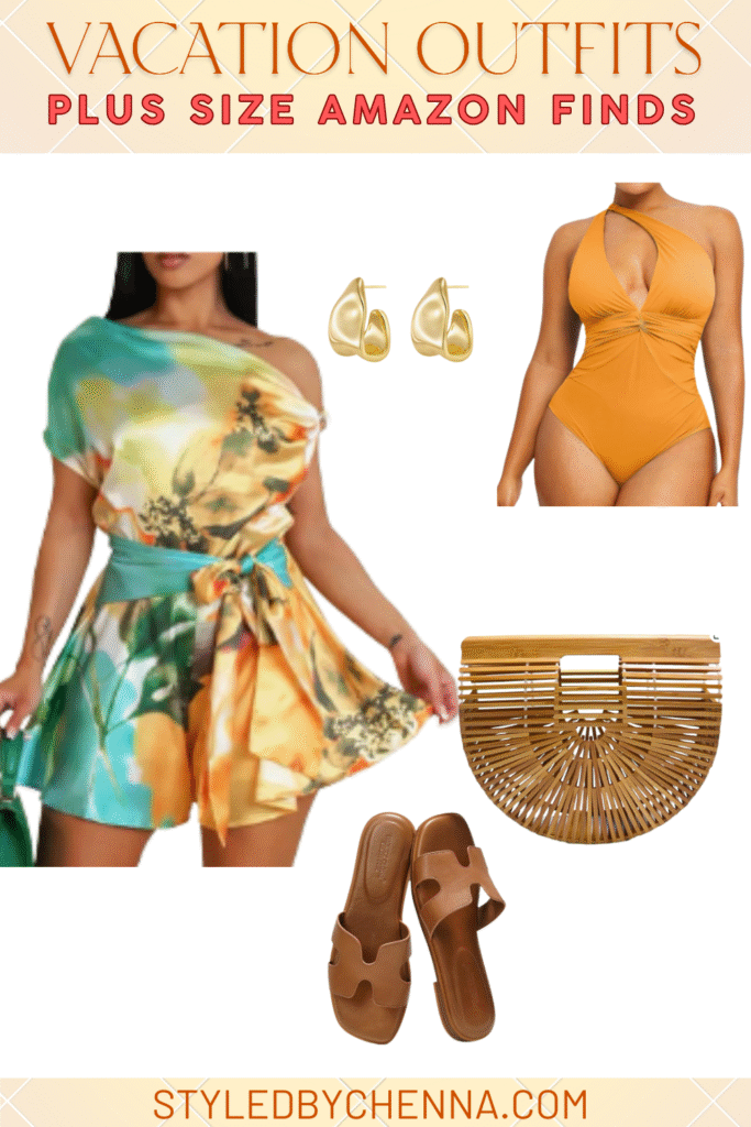 Vacation outfit with turquoise floral romper and mustard cutout swimsuit