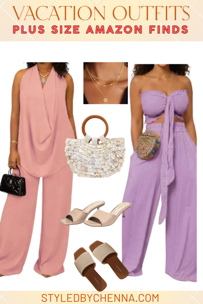 Blush halter jumpsuit and lilac tie top set styled for vacation evenings