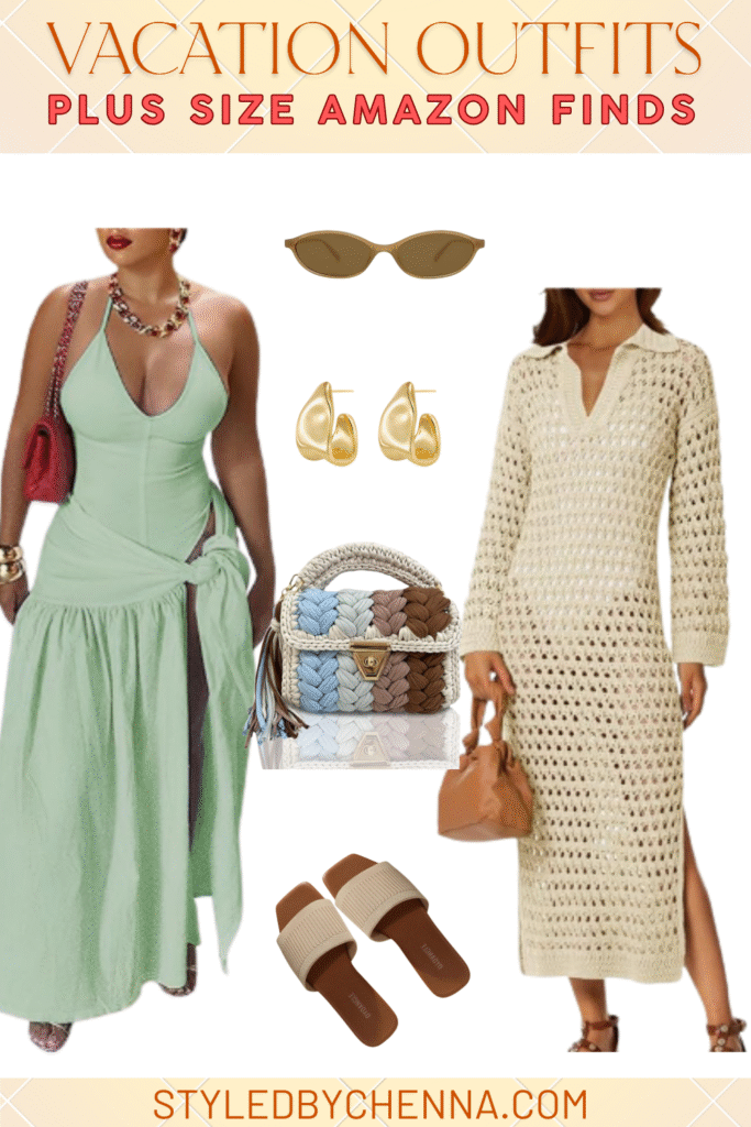 Sage green halter dress and cream crochet midi dress vacation looks