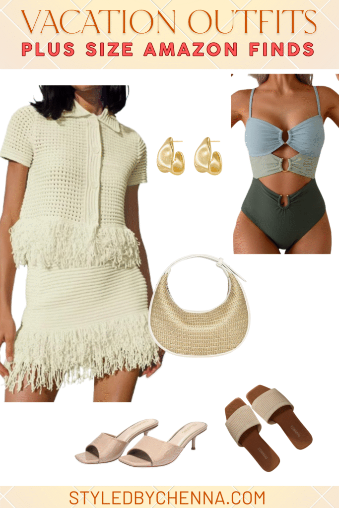 Cream fringe knit set and color blocked one piece swimsuit