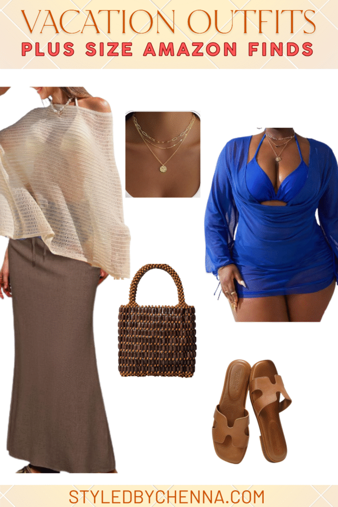 Brown maxi skirt with mesh poncho and cobalt blue swim cover set