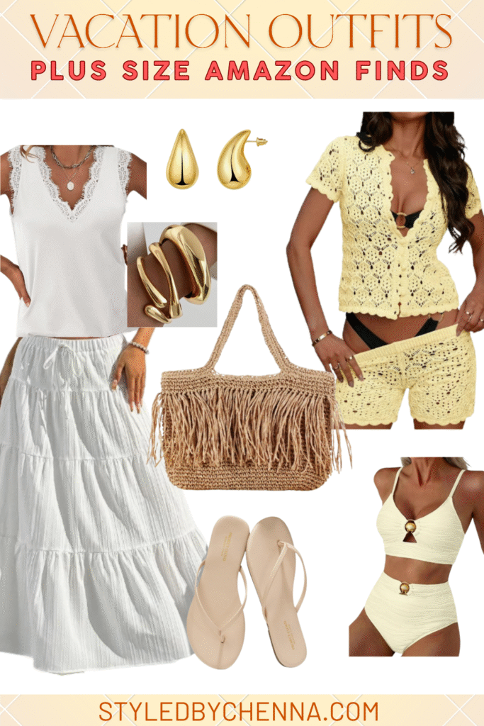 White lace tank with tiered skirt and yellow crochet cover up set