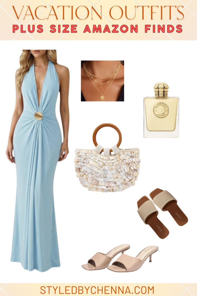 Powder blue halter gown with shell bag for a vacation dinner look