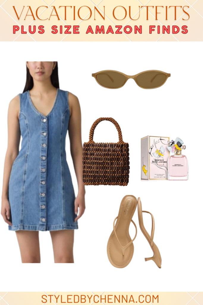 Denim button front dress with beaded bag and nude sandals