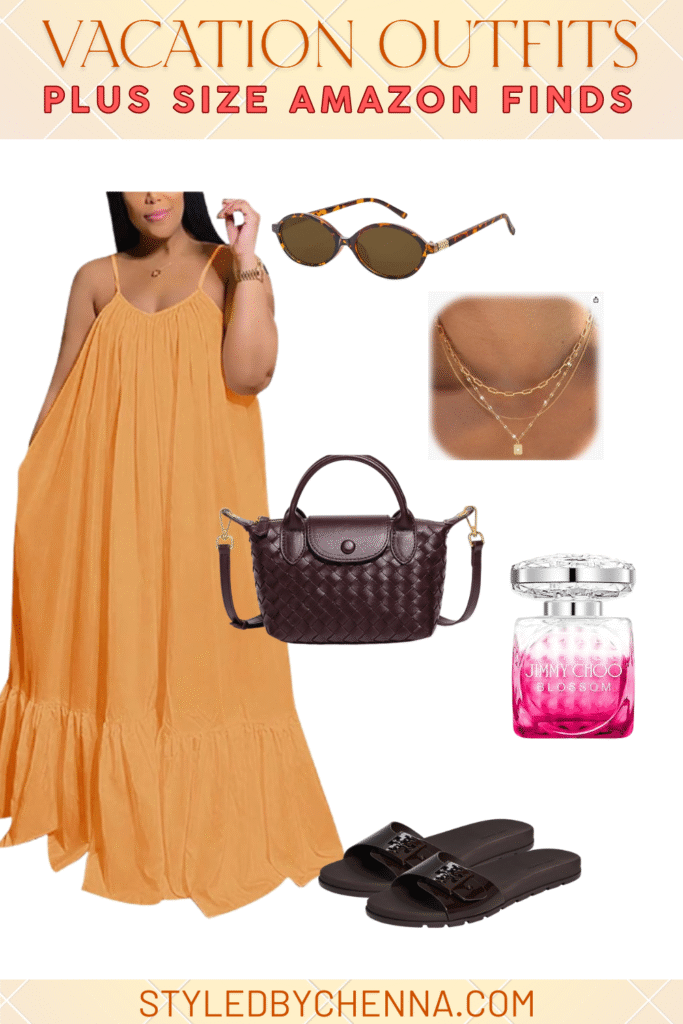 Mango tiered maxi dress with brown accessories for vacation