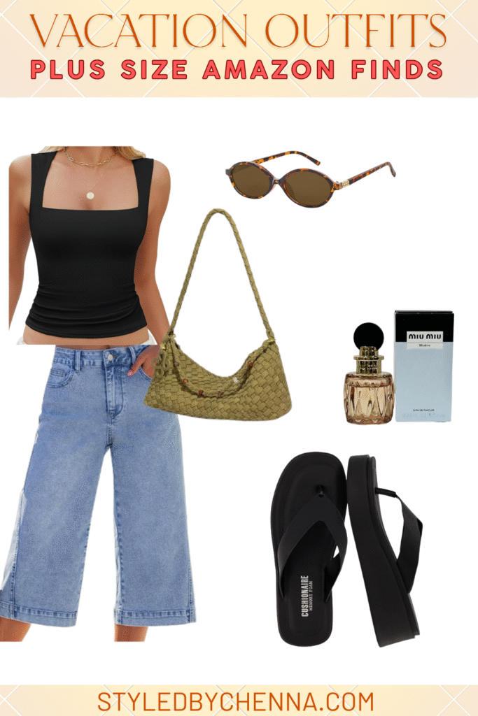 Black tank top with wide leg jeans and olive shoulder bag